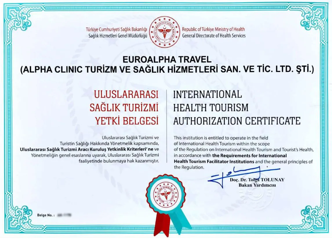 International Health Tourism Authorization Certificate issued by the Republic of Türkiye Ministry of Health to EuroAlpha Travel. The certificate number is redacted.
